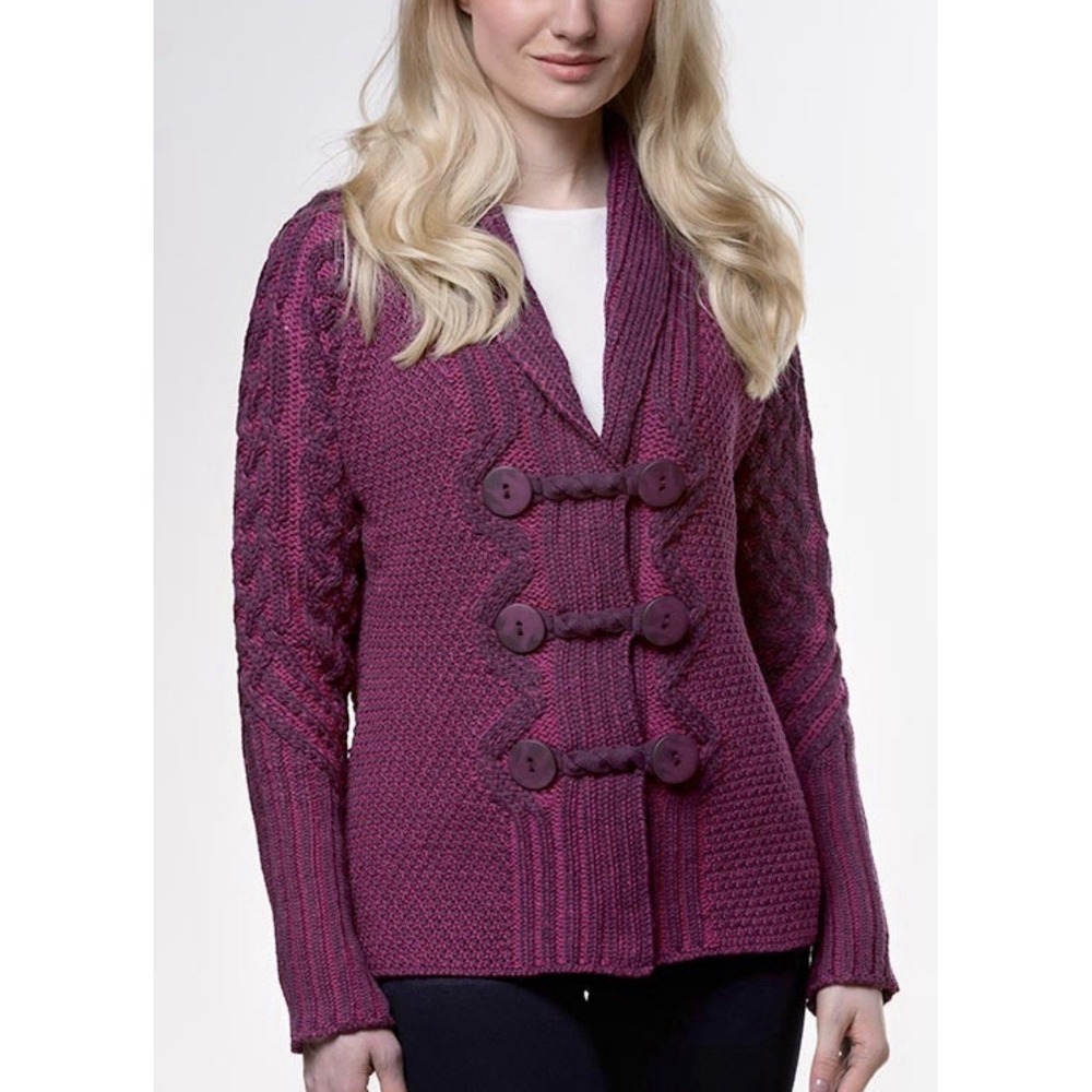 Inis Crafts Ireland Merino Wool 2-Tone Cable Knit Shawl Collar Button Sweater L